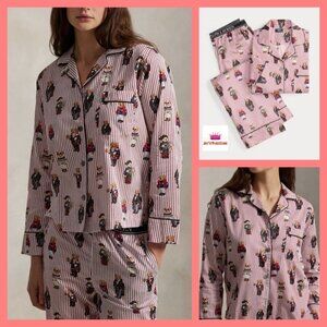 $198 Women's Ralph Lauren Polo Bear Cotton Sateen Red Pajamas 2-pc Gift Bag Set